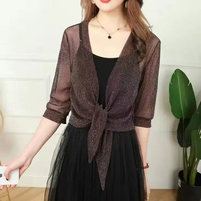 Half Sleeve Lightweight Jacket See-through Loose Blouse