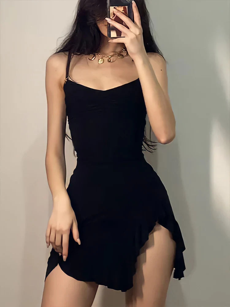 Sleeveless Streetwear Strap Backless Bodycon Folds Split  Sexy Mini Dress