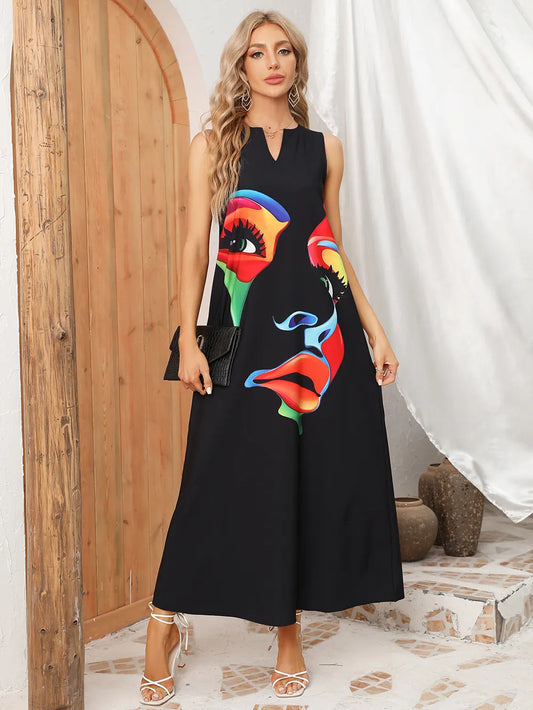 Black Sleeveless V-neck Loose Print Vintage Beach Party Dresses