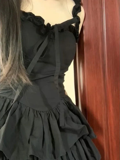 Cute Black Ruffles Soft Girl Cake Party Short Mini Dresses