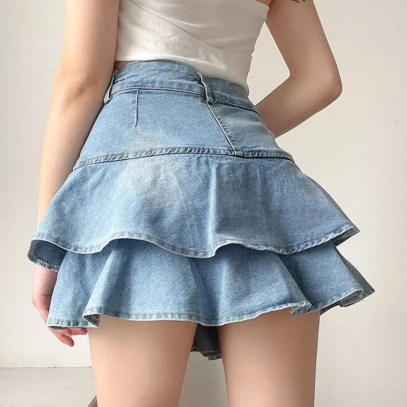 Korean Fashion High Waist A-line Slim Cute Sexy Mini Jean Ruffle Skirt