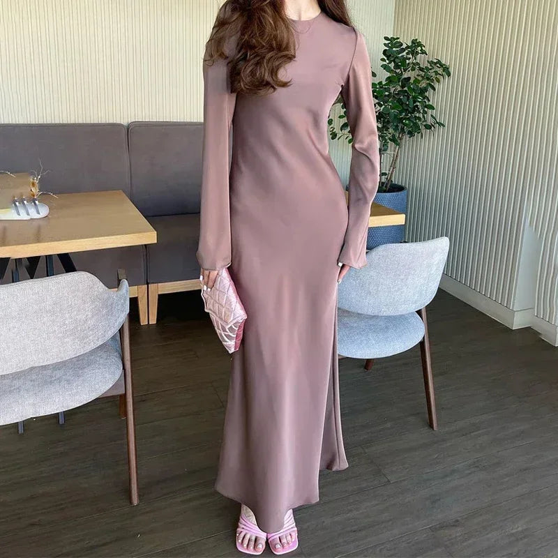 Satin Slim Long Sleeve Elegant Luxury Autumn Party Dress