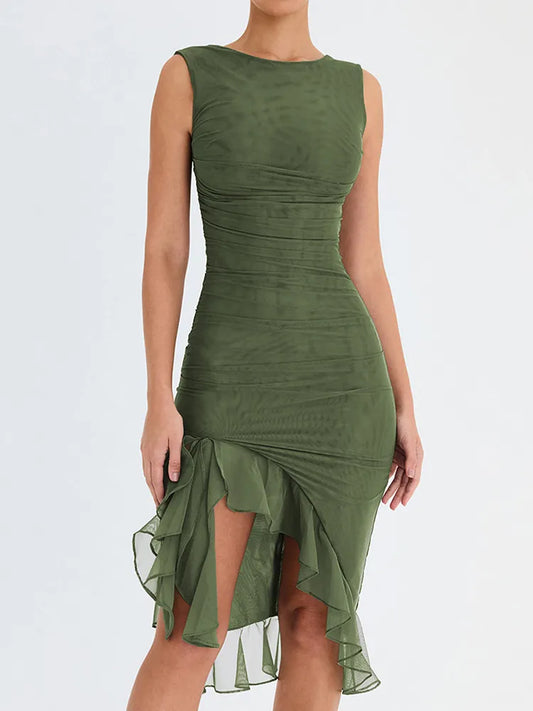 Backless Sleeveless Irregular Club Ruffle Ruched Midi Party Sexy Dress