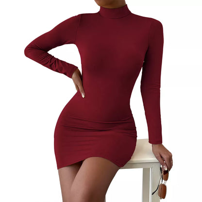 Elegant Chest Slim Pleated Turtleneck Long Sleeve Skinny Mini Dress