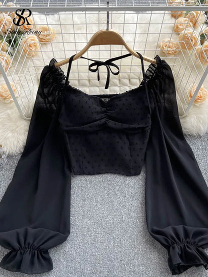 Long Sleeve Women Tie Halter Elastic Waist Fashion French Beach Top