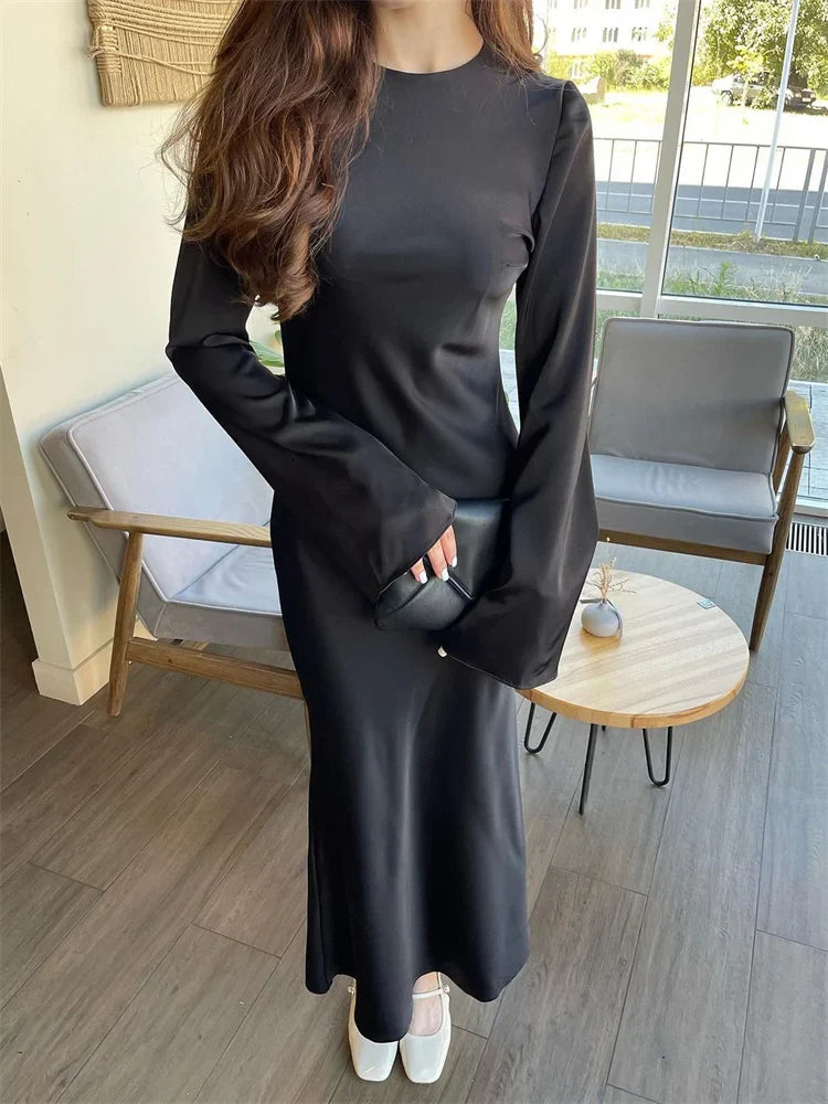 Satin Slim Long Sleeve Elegant Luxury Autumn Party Dress