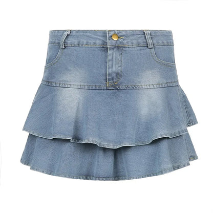 Korean Fashion High Waist A-line Slim Cute Sexy Mini Jean Ruffle Skirt