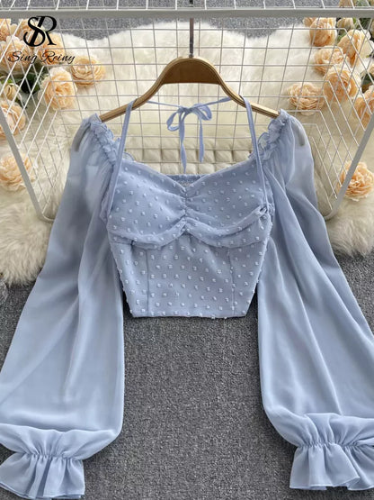 Long Sleeve Women Tie Halter Elastic Waist Fashion French Beach Top