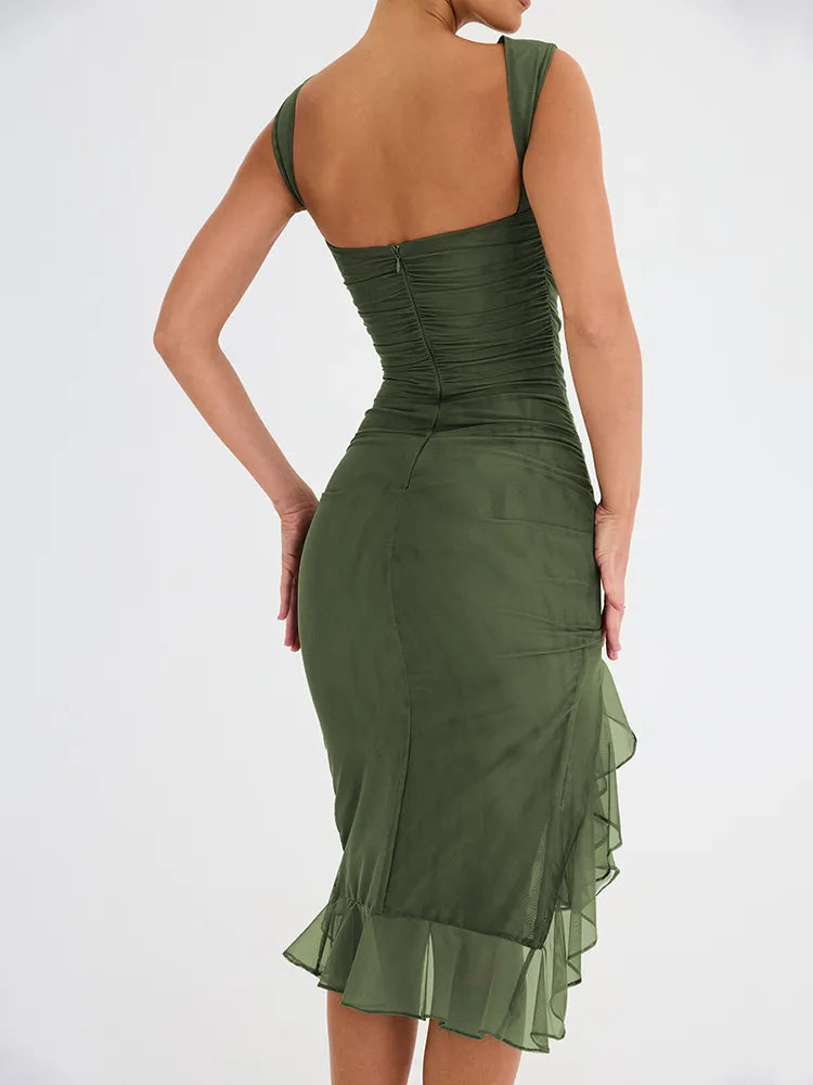 Backless Sleeveless Irregular Club Ruffle Ruched Midi Party Sexy Dress