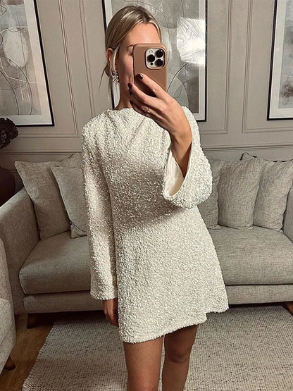 Women Chic Shiny Sequin Mini Dress Elegant Back Bowknot Slim Long Sleeve Dresses