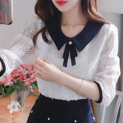 Spring Autumn Style Lace Blouses Shirt Collar Solid Color Half Sleeve Elegant Lace Tops