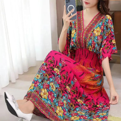 Elegant Retro Style V-neck Tunic Large Swing Printed Dress Long Skirt