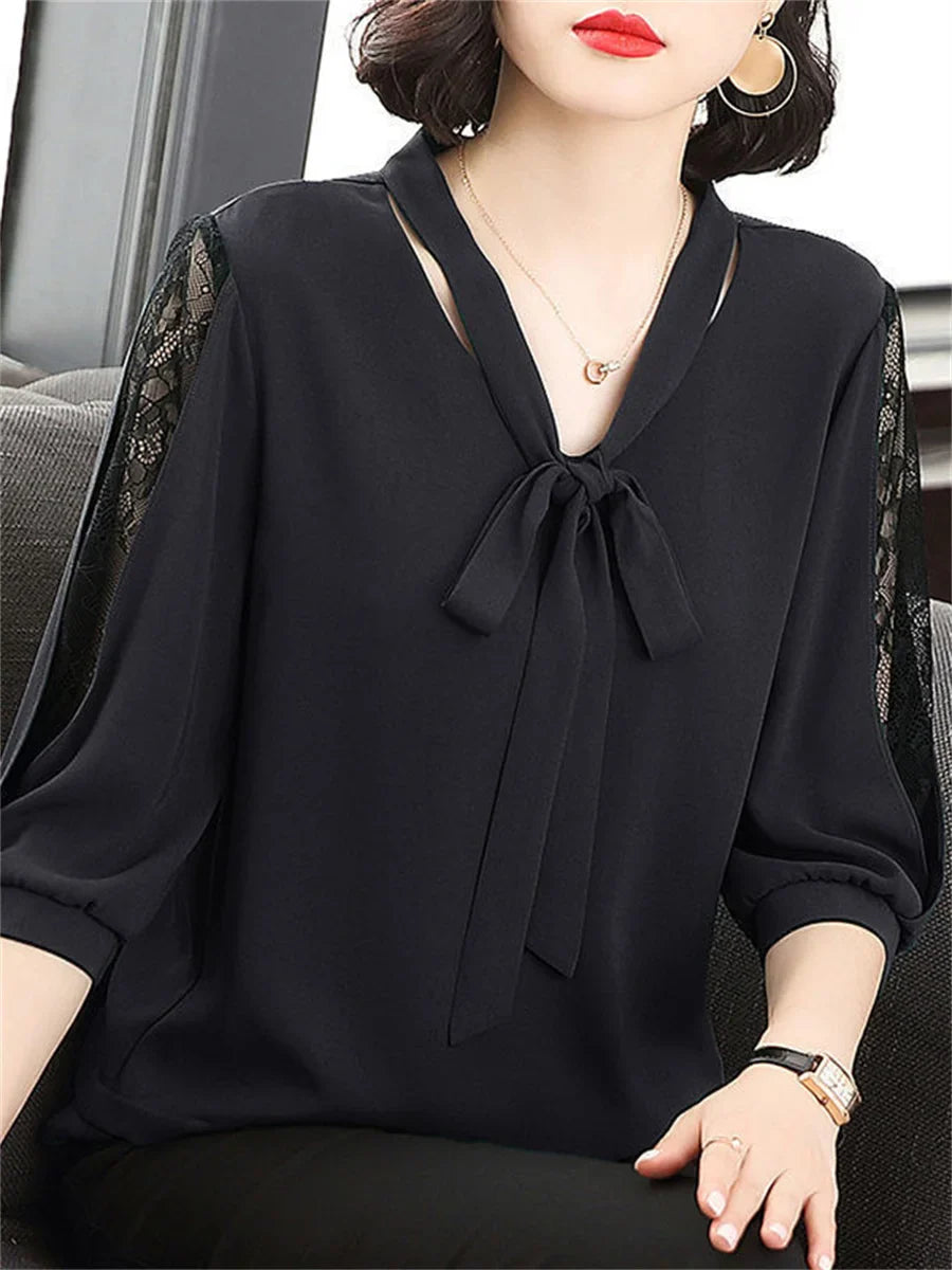 Spring Summer Style Bow Tie Colloar Half Lace Sleeve Loose Blusas Tops