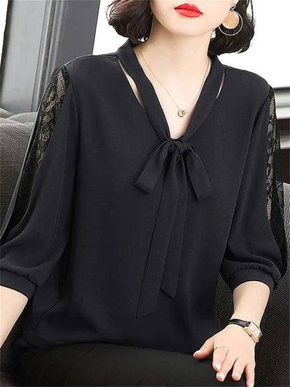 Spring Summer Style Bow Tie Colloar Half Lace Sleeve Loose Blusas Tops