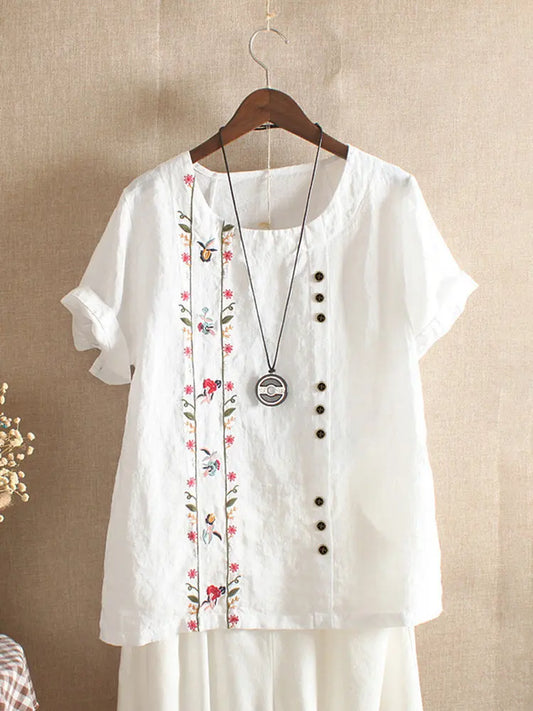 Cotton Linen Embroidery Tops for Women