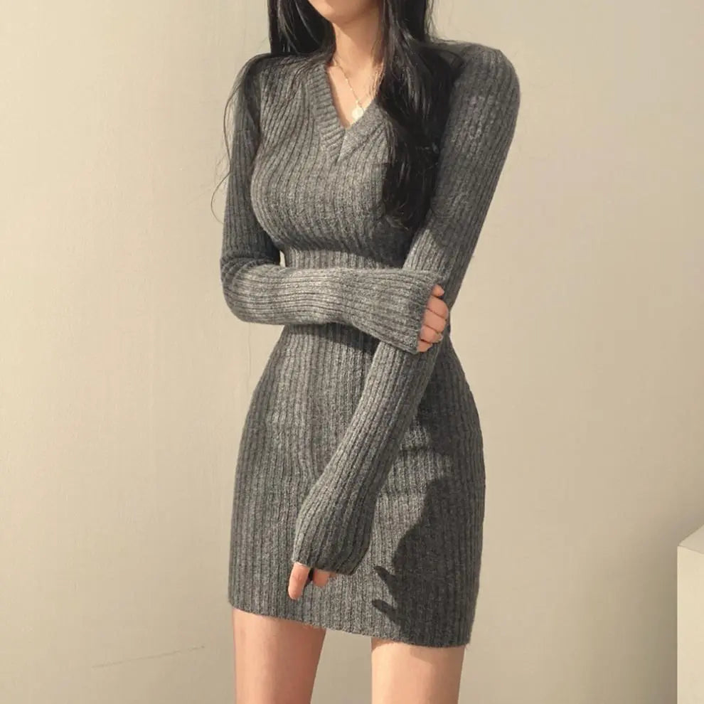 Solid Color V-Neck Long Sleeve Wrapped Hip Retro Knitted Mini Bodycon Dress