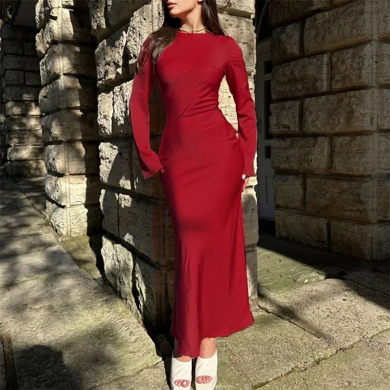 Satin Slim Long Sleeve Elegant Luxury Autumn Party Dress