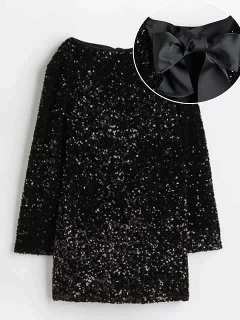 Women Chic Shiny Sequin Mini Dress Elegant Back Bowknot Slim Long Sleeve Dresses