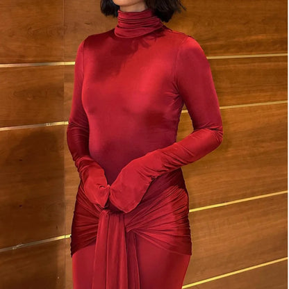 Long Sleeve Bodycon Dress For Women Tight Elastic Lace Up Maxi Party Dress