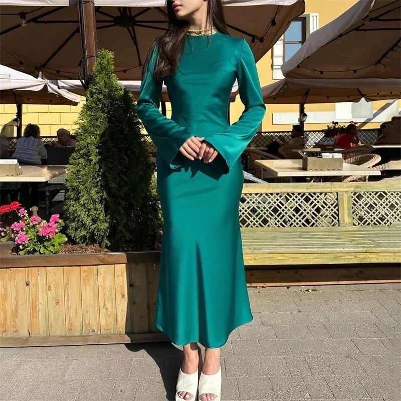 Satin Slim Long Sleeve Elegant Luxury Autumn Party Dress