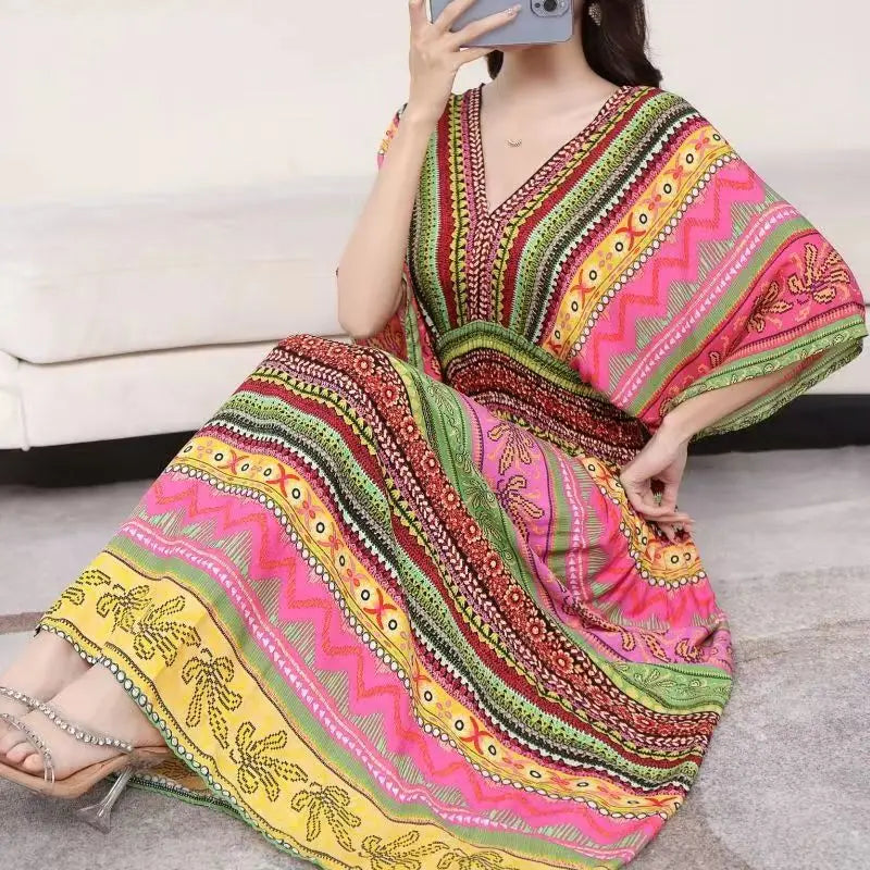 Elegant Retro Style V-neck Tunic Large Swing Printed Dress Long Skirt