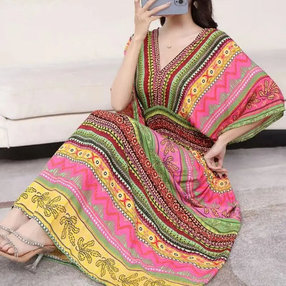 Elegant Retro Style V-neck Tunic Large Swing Printed Dress Long Skirt