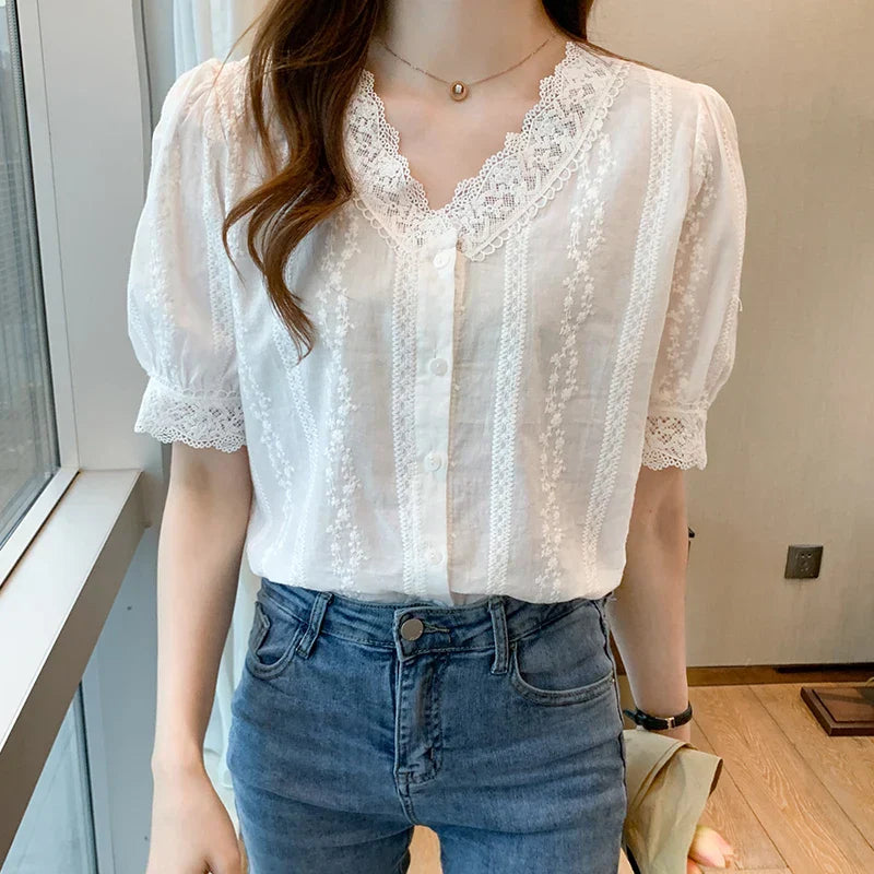 Women Lace V-Neck Blouse Shirt