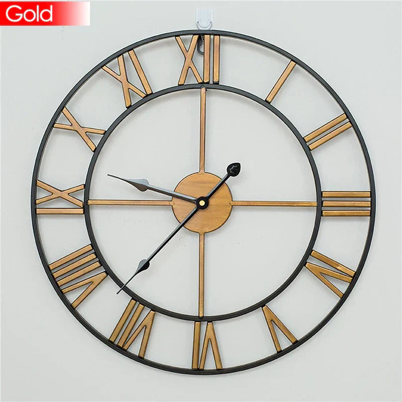 Modern 3D Large Retro Metal Wall Clock – Nordic Roman Numerals Design
