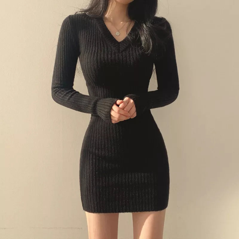 Solid Color V-Neck Long Sleeve Wrapped Hip Retro Knitted Mini Bodycon Dress