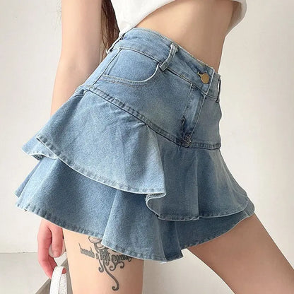 Korean Fashion High Waist A-line Slim Cute Sexy Mini Jean Ruffle Skirt