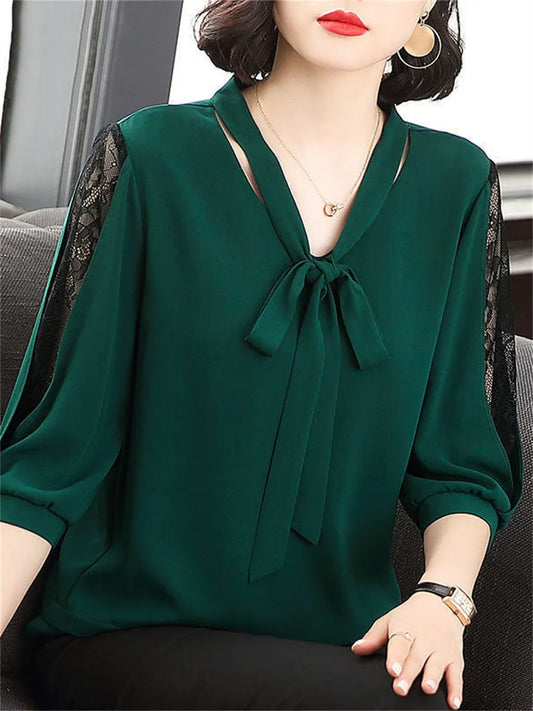 Spring Summer Style Bow Tie Colloar Half Lace Sleeve Loose Blusas Tops