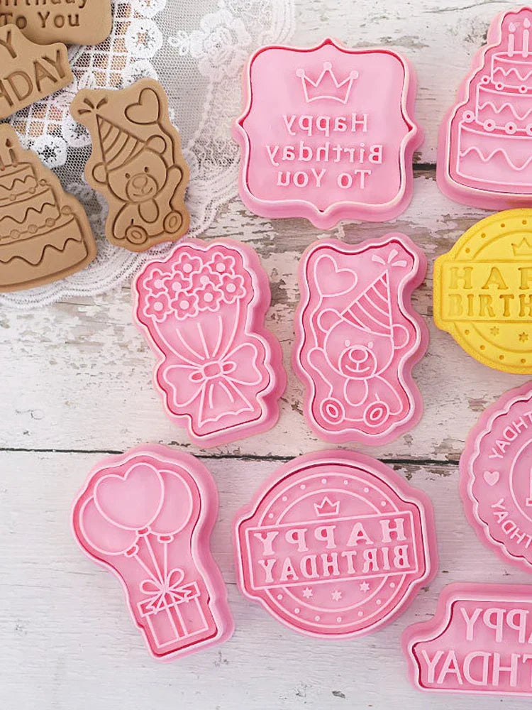 8-Piece Happy Birthday Cookie Cutter Set – Pressable Cartoon Biscuit Molds