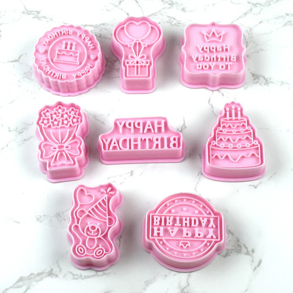 8-Piece Happy Birthday Cookie Cutter Set – Pressable Cartoon Biscuit Molds