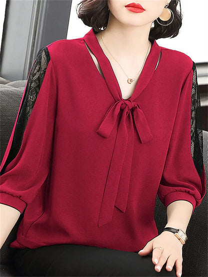 Spring Summer Style Bow Tie Colloar Half Lace Sleeve Loose Blusas Tops