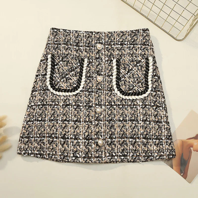 Womens Thick Woolen Pearl Button Front Pocket Glitter Mini Skirt