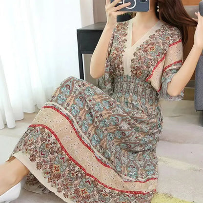Elegant Retro Style V-neck Tunic Large Swing Printed Dress Long Skirt