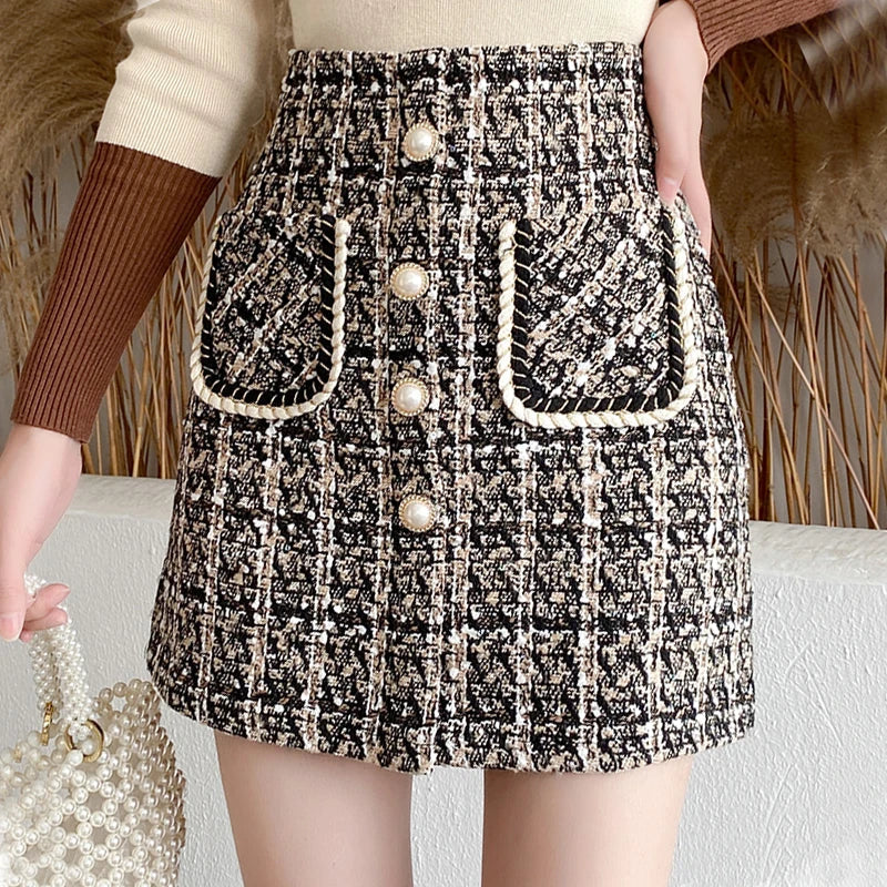 Womens Thick Woolen Pearl Button Front Pocket Glitter Mini Skirt