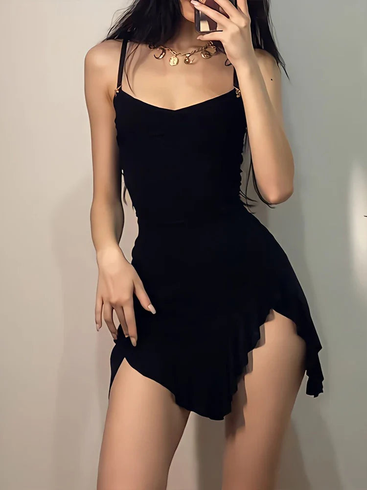 Sleeveless Streetwear Strap Backless Bodycon Folds Split  Sexy Mini Dress