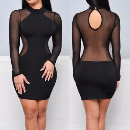 Evening Party Cocktail Dress Transparent Long Sleeve Clubwear Dress