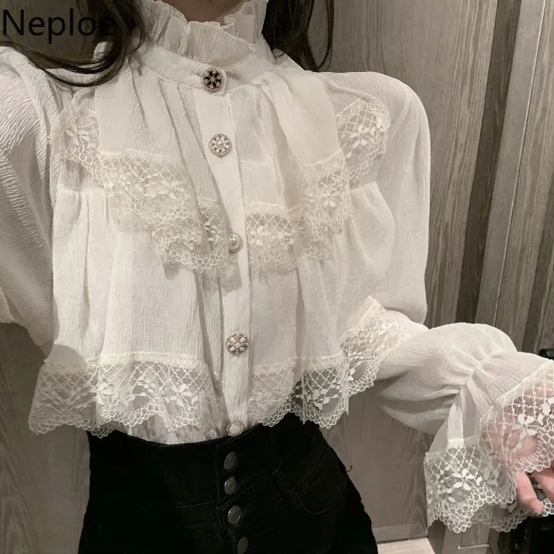 Fashion Korean White Blouse Women Blusas Stand Neck Chiffon Shirts Long Sleeve Ruffles Lace Blouses Vintage Elegant Femme Tops