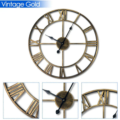 Modern 3D Large Retro Metal Wall Clock – Nordic Roman Numerals Design