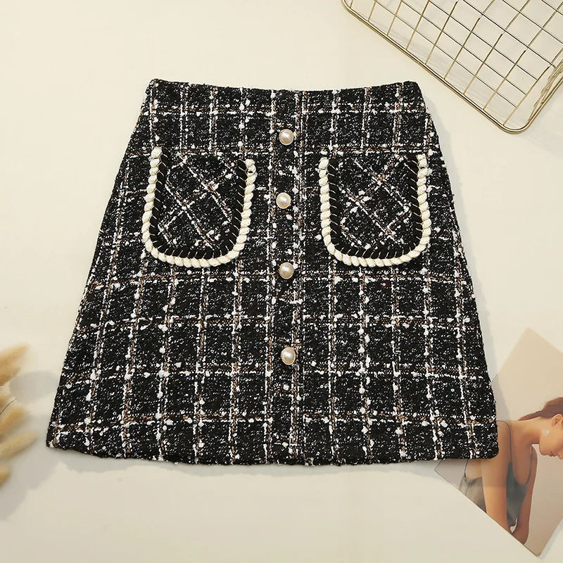 Womens Thick Woolen Pearl Button Front Pocket Glitter Mini Skirt