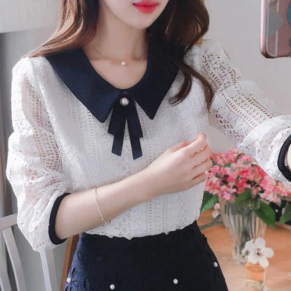 Spring Autumn Style Lace Blouses Shirt Collar Solid Color Half Sleeve Elegant Lace Tops