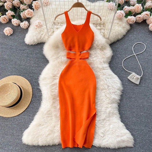 Sexy Cut Out Waist Package Hips Split Bodycon Dress Knitted Party Sundress