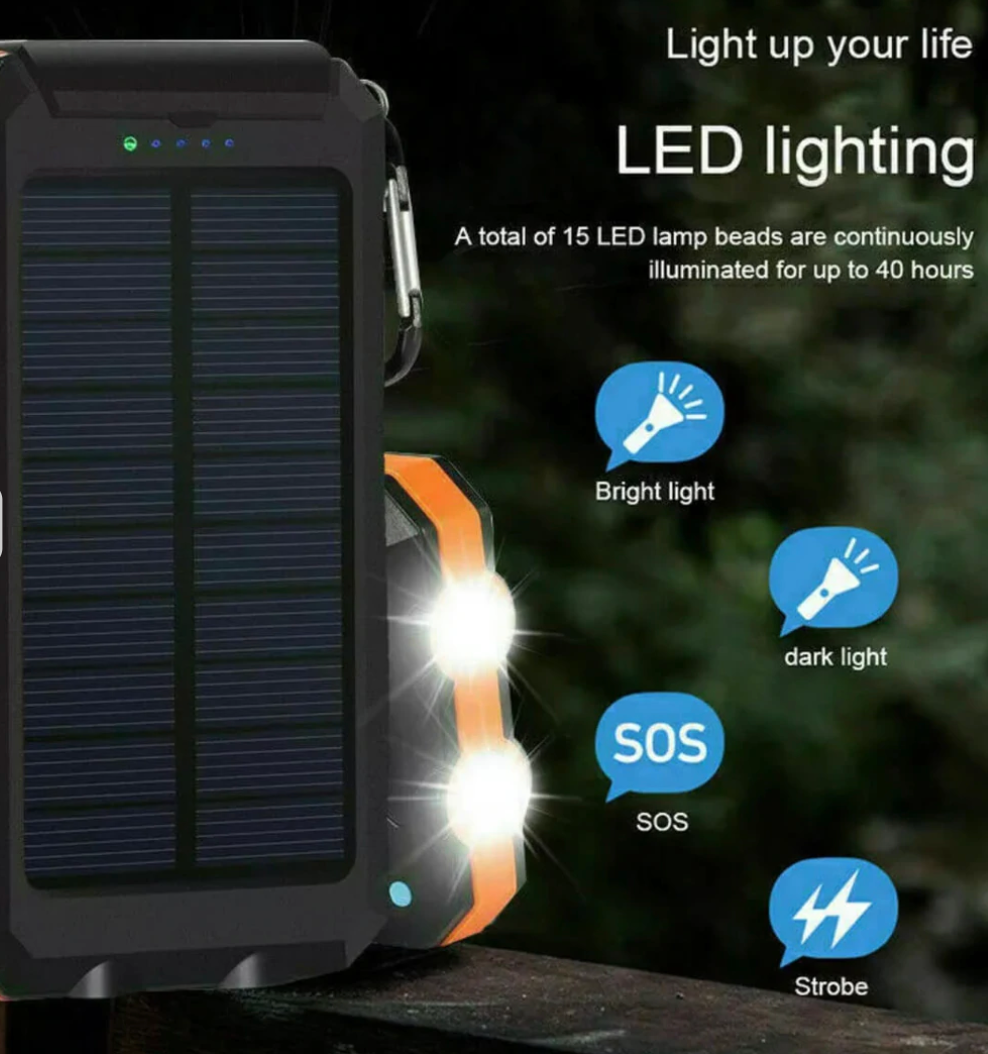 Solkraftbank – 500000mAh bärbar vattentät utomhusladdare med dubbla USB och LED-lampa