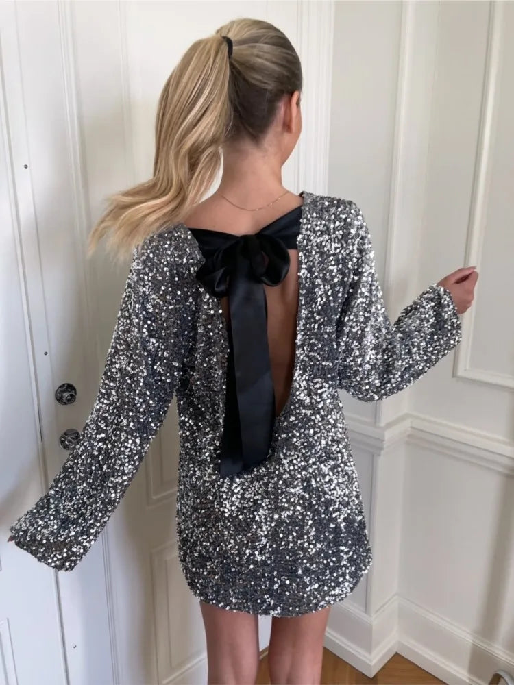 Women Chic Shiny Sequin Mini Dress Elegant Back Bowknot Slim Long Sleeve Dresses