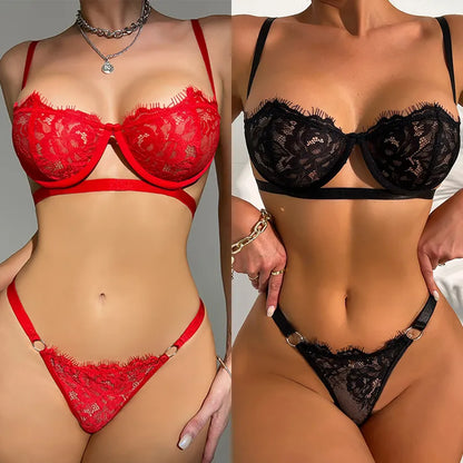 Floral Exotic Sheer Half Cup Bra Panty Lingerie Set Fashion Sexy Underwear