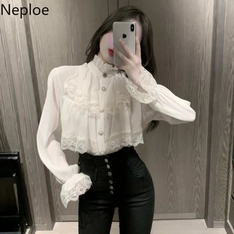 Fashion Korean White Blouse Women Blusas Stand Neck Chiffon Shirts Long Sleeve Ruffles Lace Blouses Vintage Elegant Femme Tops