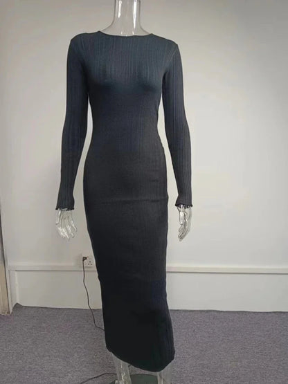 Autumn Solid Maxi Long Elegant Pullover Bodycon Slim Streetwear Knitted Dress