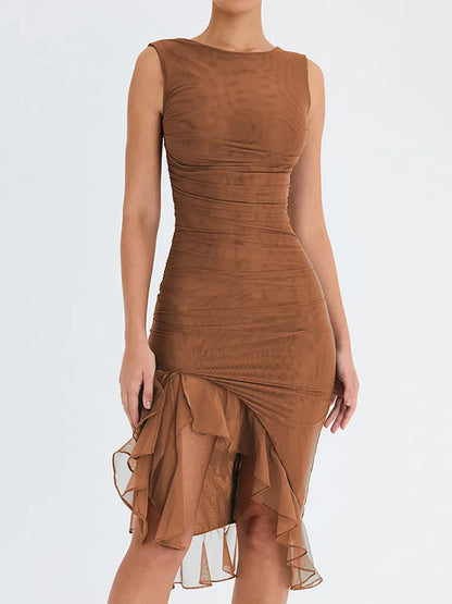 Backless Sleeveless Irregular Club Ruffle Ruched Midi Party Sexy Dress
